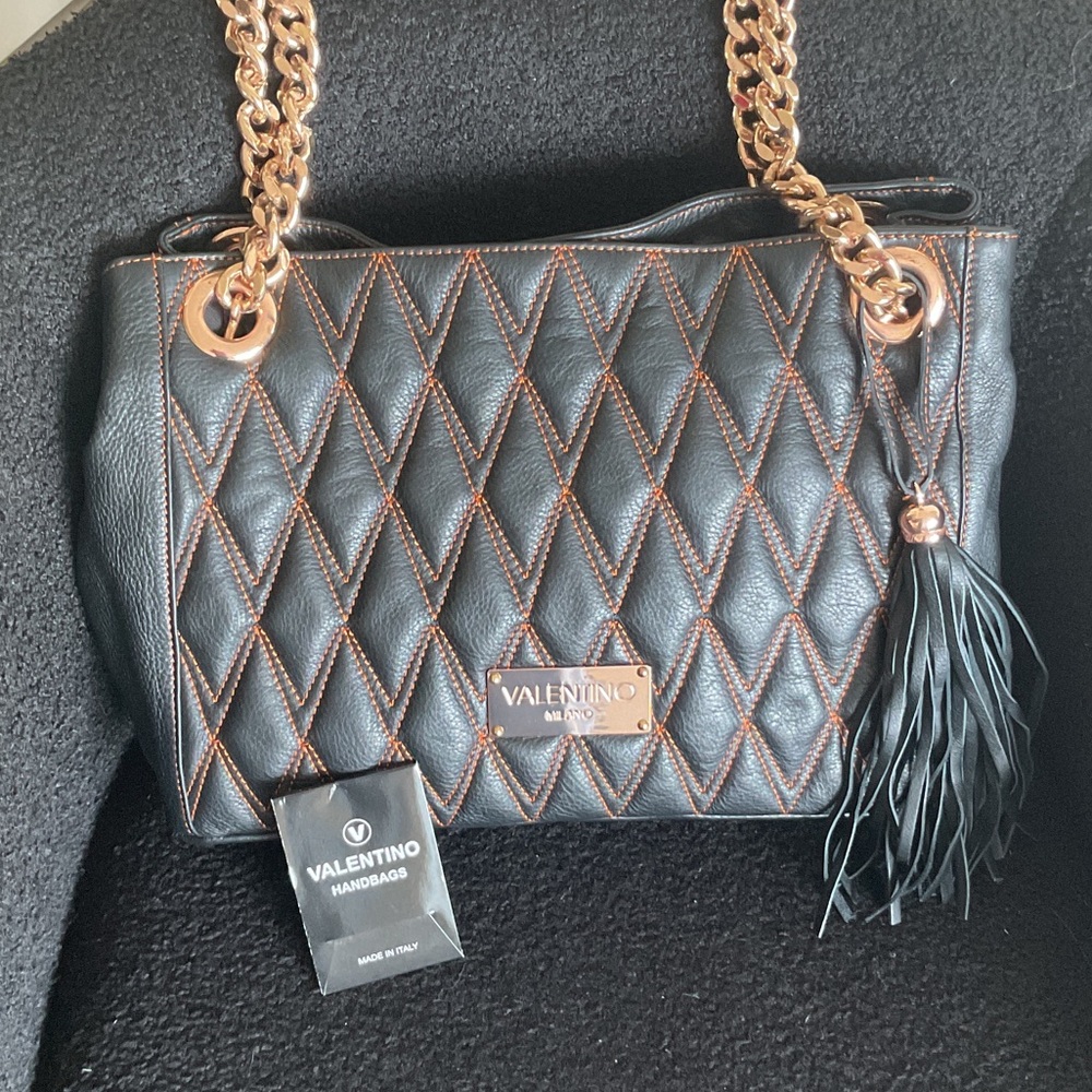 Valentino Black and Gold Quilted Shoulder Bag